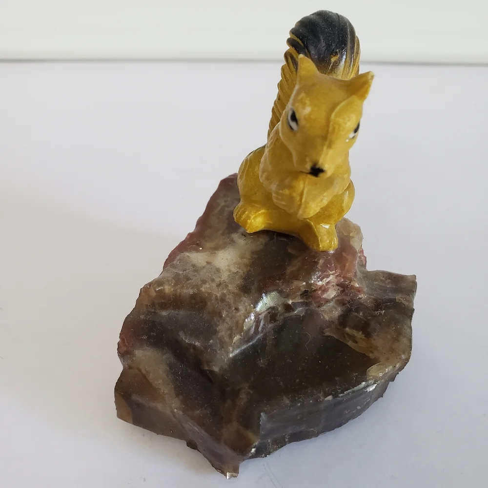 Vintage Squirrel Figurine on Natural Stone Base Ceramic Resin Collectible Decor